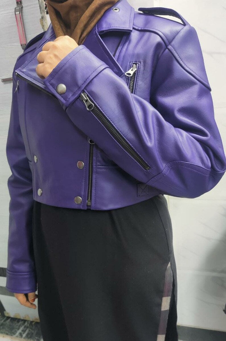 Womens Leather Jacket PURPLE CROPPED Motorcycle Bolero Shrug Leather Jacket