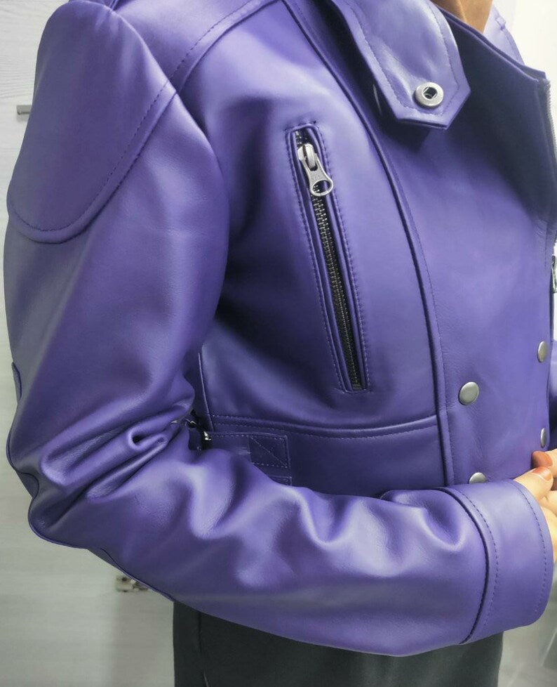 Womens Leather Jacket PURPLE CROPPED Motorcycle Bolero Shrug Leather Jacket