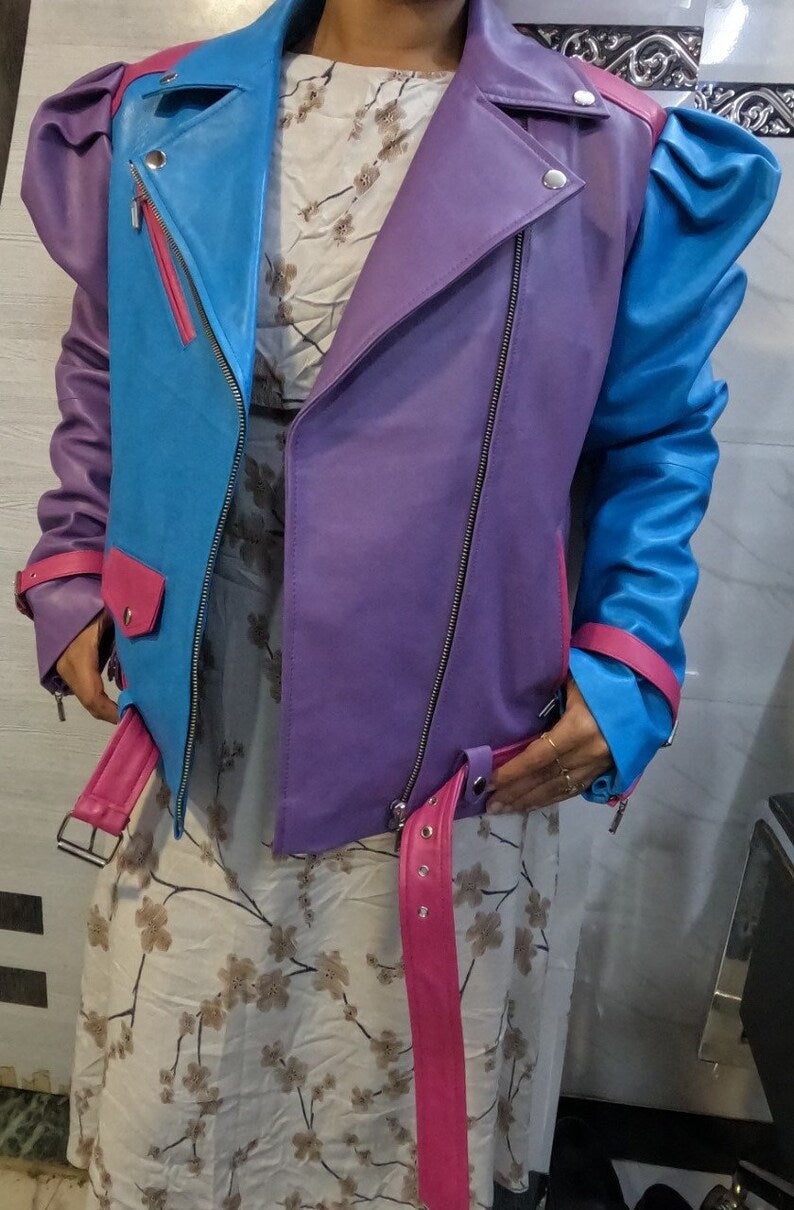 Womens Purple Blue & Pink 3 Color Leather Jacket