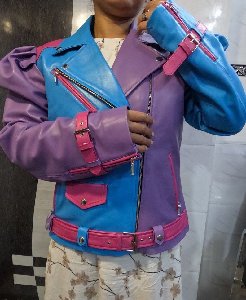 Womens Purple Blue & Pink 3 Color Leather Jacket