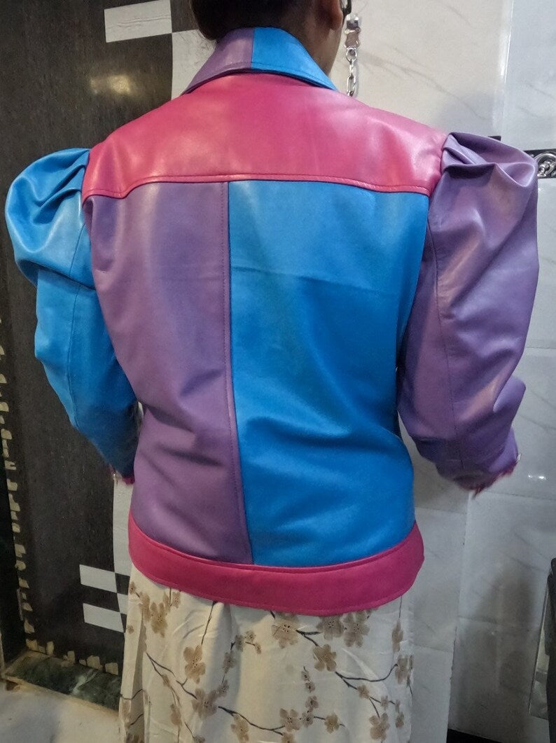 Womens Purple Blue & Pink 3 Color Leather Jacket