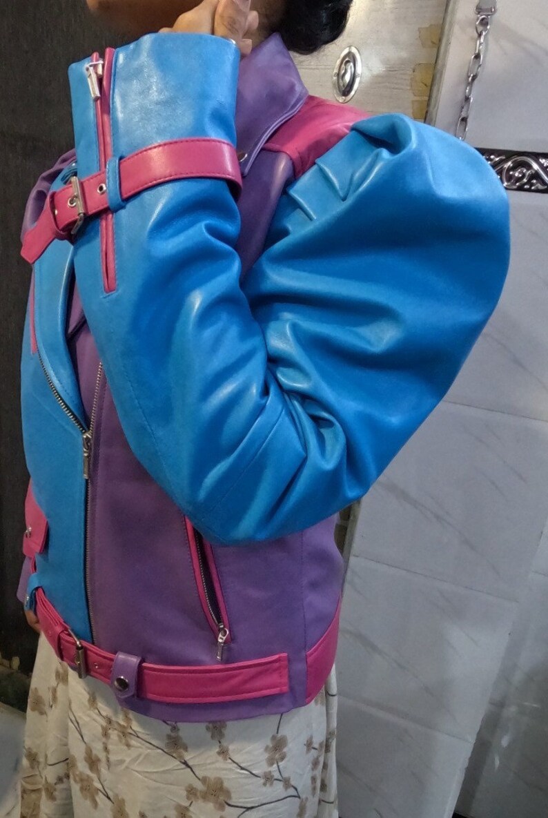 Womens Purple Blue & Pink 3 Color Leather Jacket