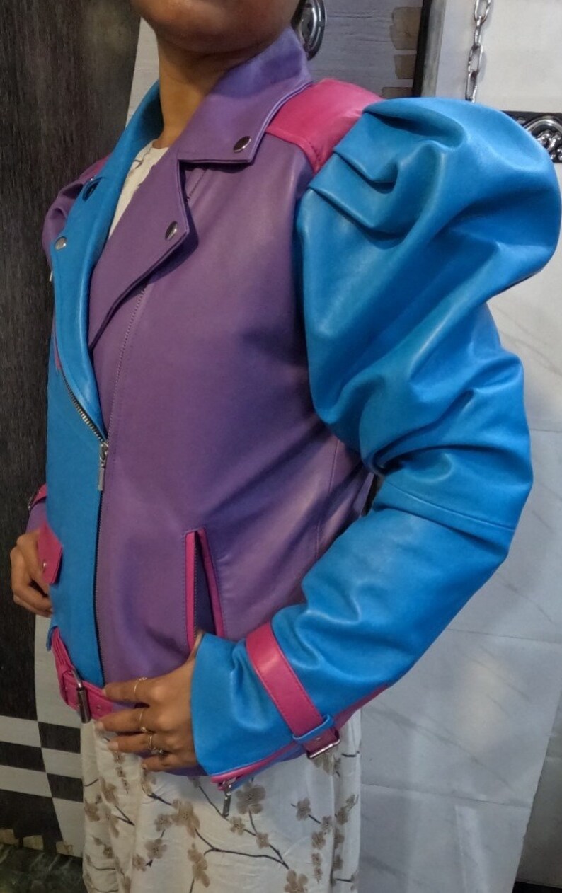 Womens Purple Blue & Pink 3 Color Leather Jacket