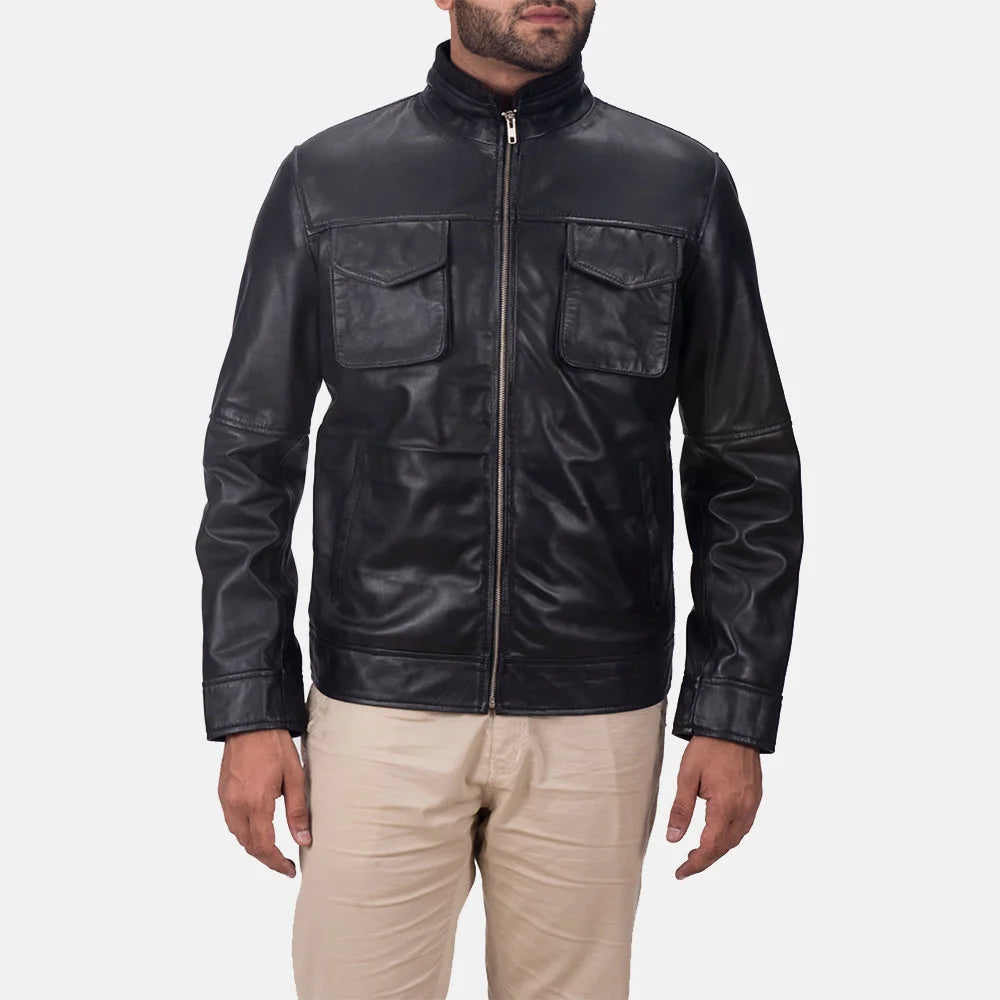 Unleash your inner fashion icon with this incredible black leather jacket with shirt collar designed exclusively for men.