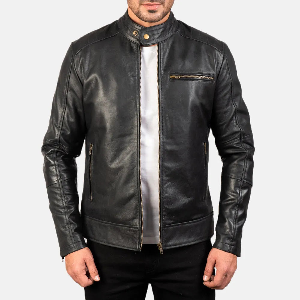 Embrace the edgy allure of this leather jacket motorcycle, featuring a sleek black design that exudes both style and authenticity.