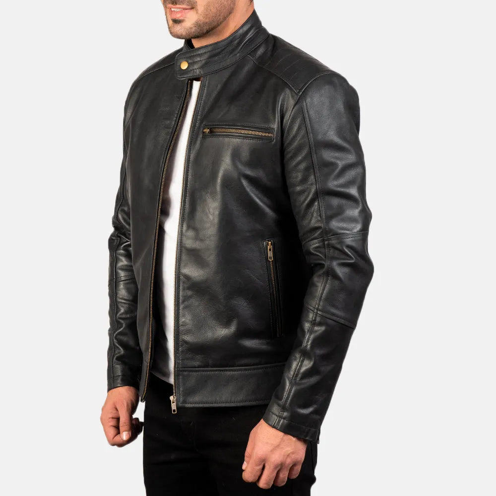Embrace the edgy allure of this leather jacket motorcycle, featuring a sleek black design that exudes both style and authenticity.