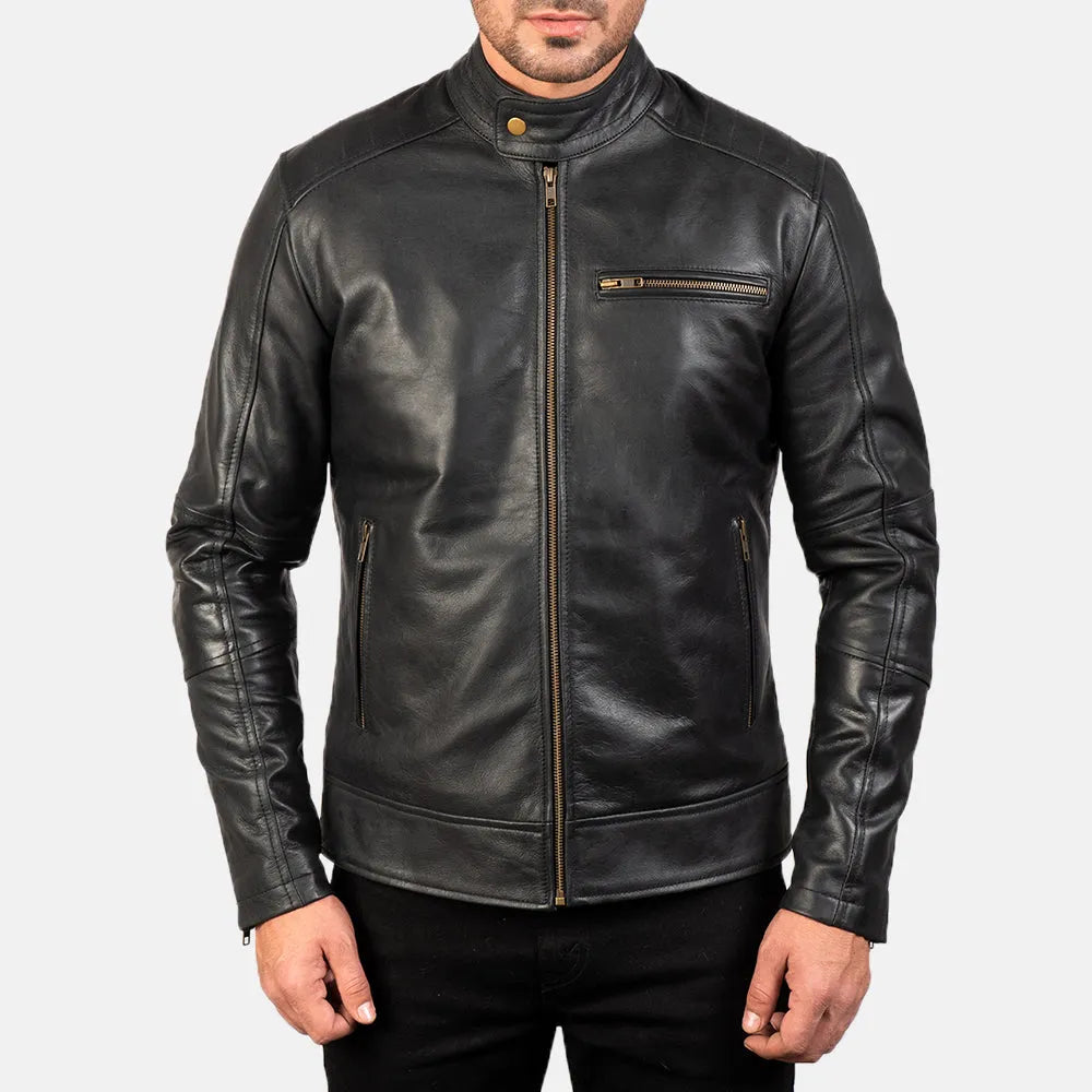 Embrace the edgy allure of this leather jacket motorcycle, featuring a sleek black design that exudes both style and authenticity.