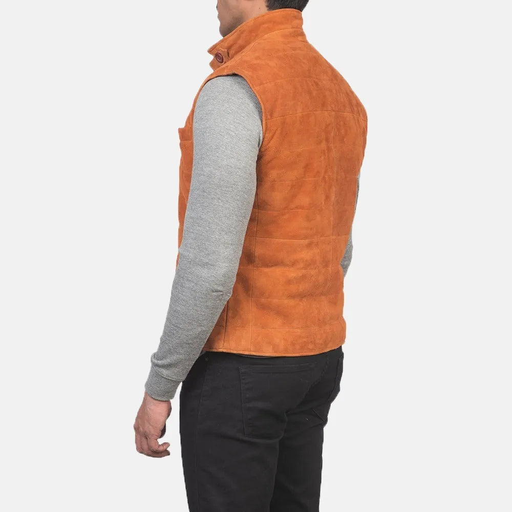 A sleek brown suede vest, stylish leather vest for men.
