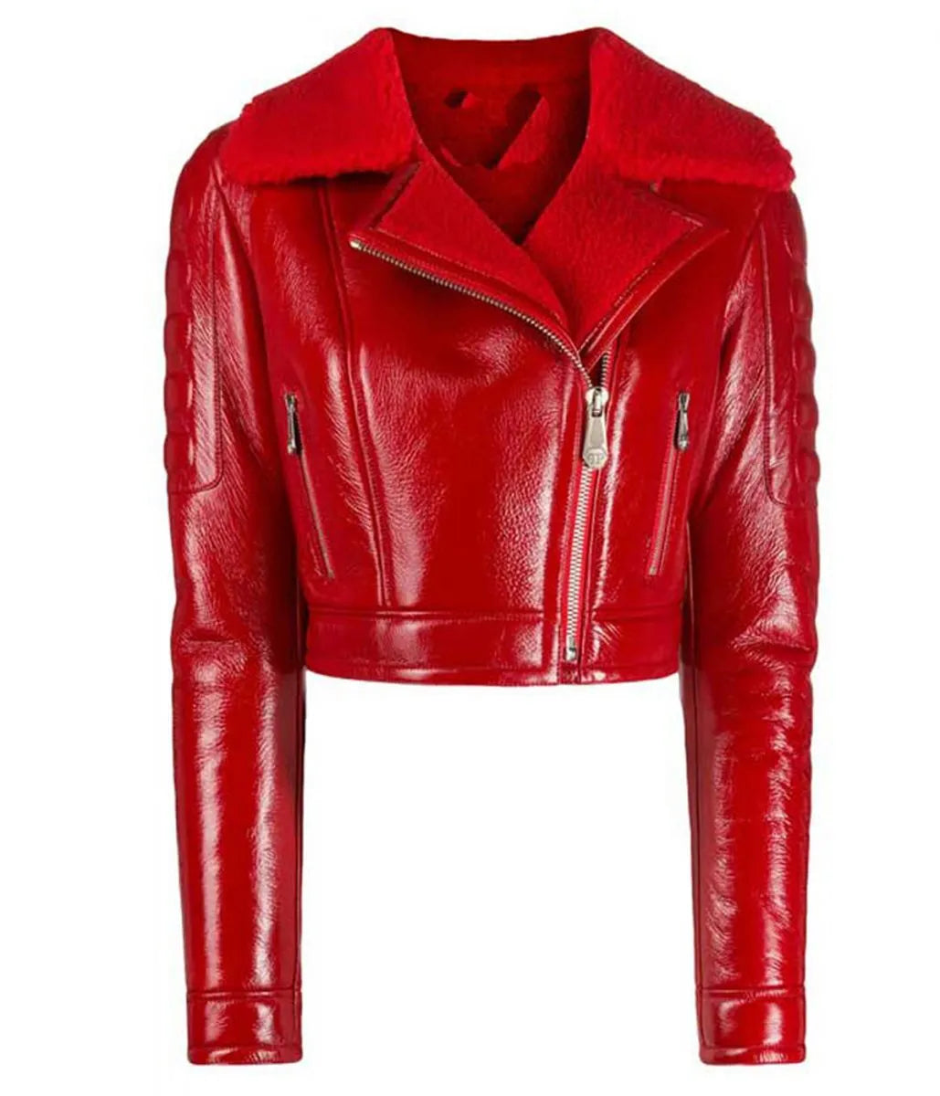 Women’s Asymmetrical Lainey Red Faux Shearling Leather Jacket