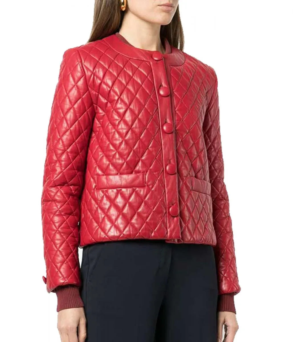 Women’s Collarless Quilted Red Leather Jacket