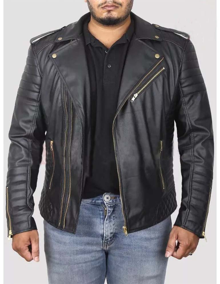 MEN’S BLACK LEATHER BIKER JACKET WITH GOLD ZIPPERS