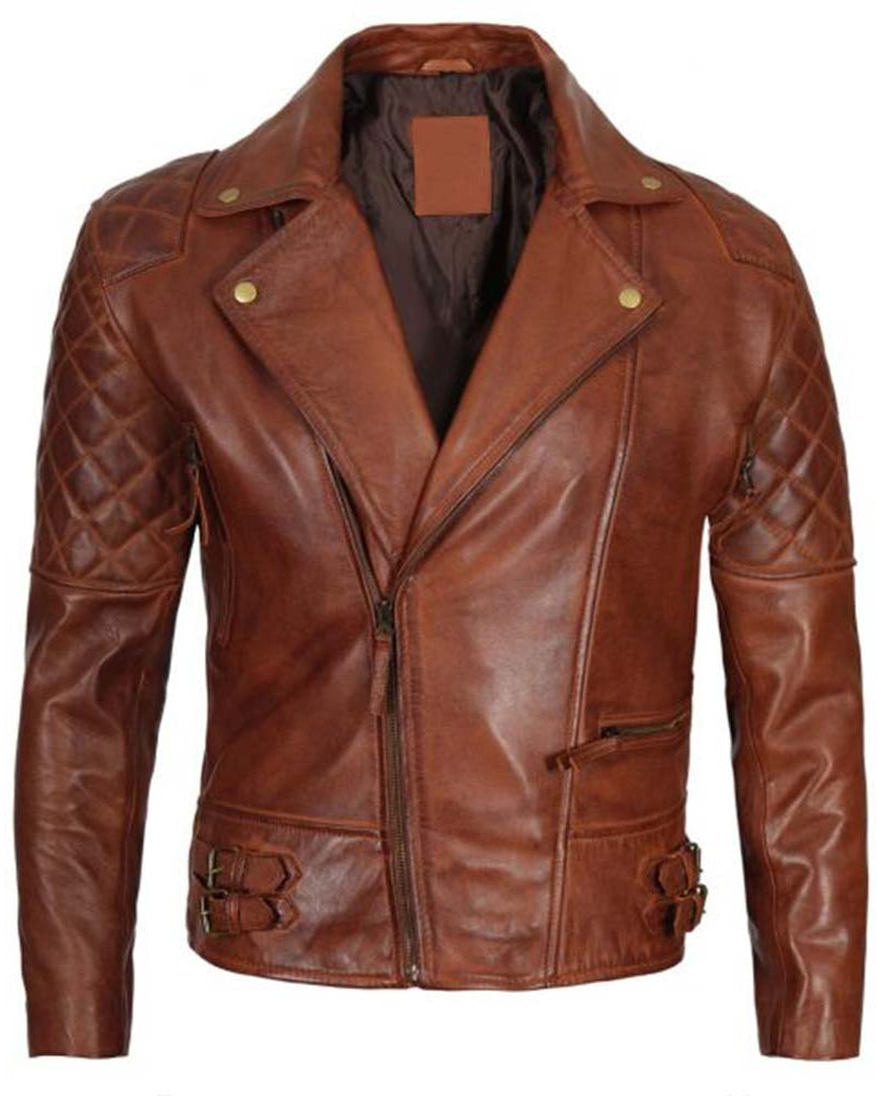 Men’s Quilted Cognac Waxed Leather Motorcycle Jacket