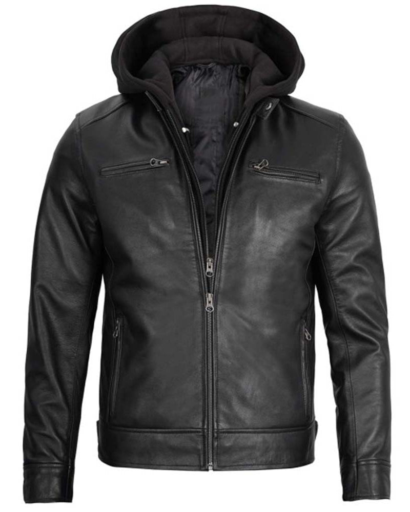 Men's Black Leather Jacket with Removable Hoodie