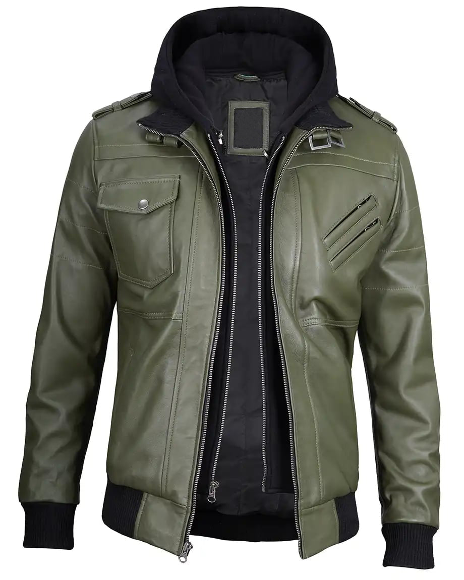 Mens Military Green Leather Jacket with Removable Hood