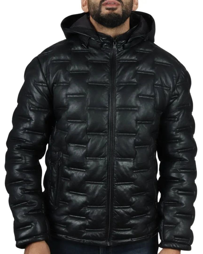 Men's Puffer Quilted Real Leather Hooded Jacket