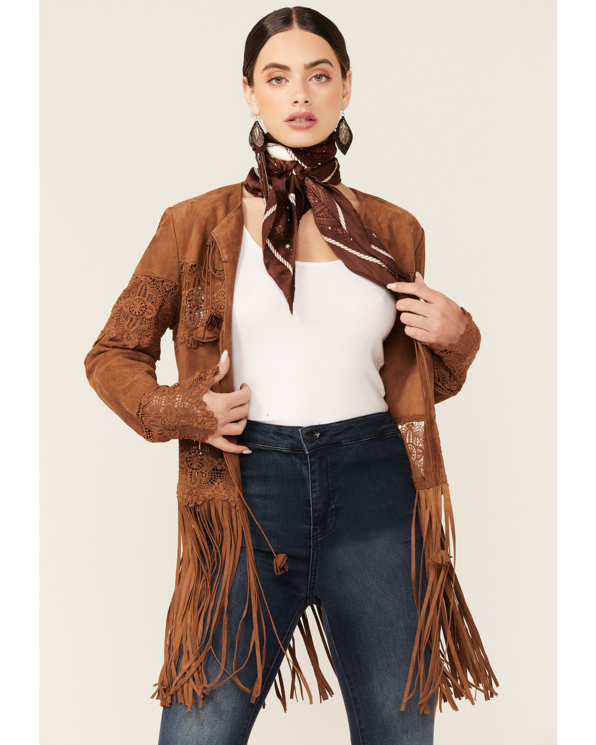 WOMEN'S CROCHET TRIM SUEDE COAT