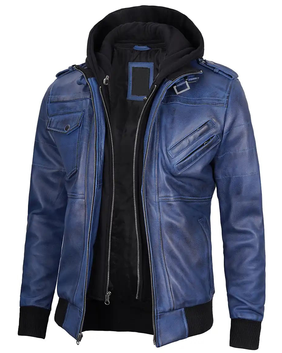 Stylish Mens Blue Leather Jacket with Removable Hood