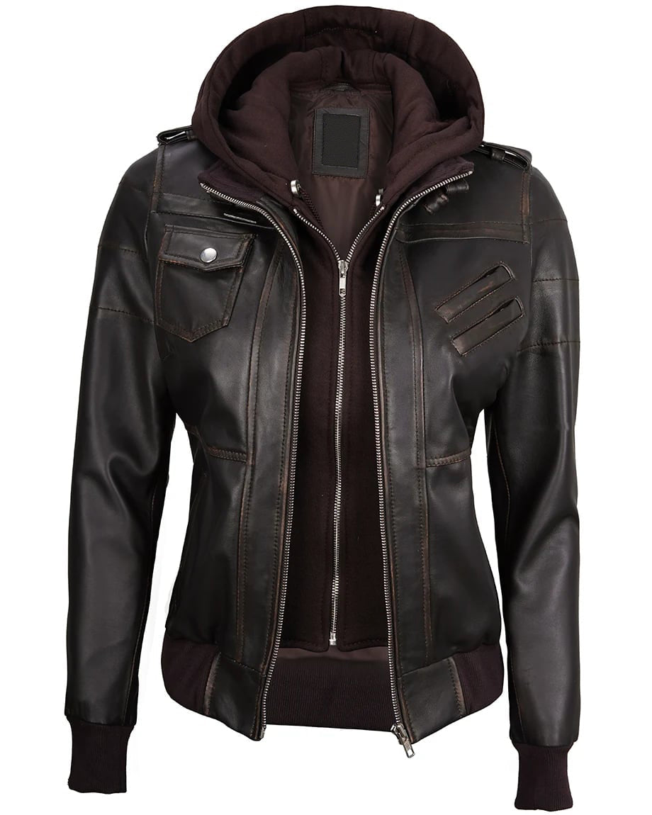 Premium Womens Dark Brown Rub Off Leather Jacket with Removable Hood