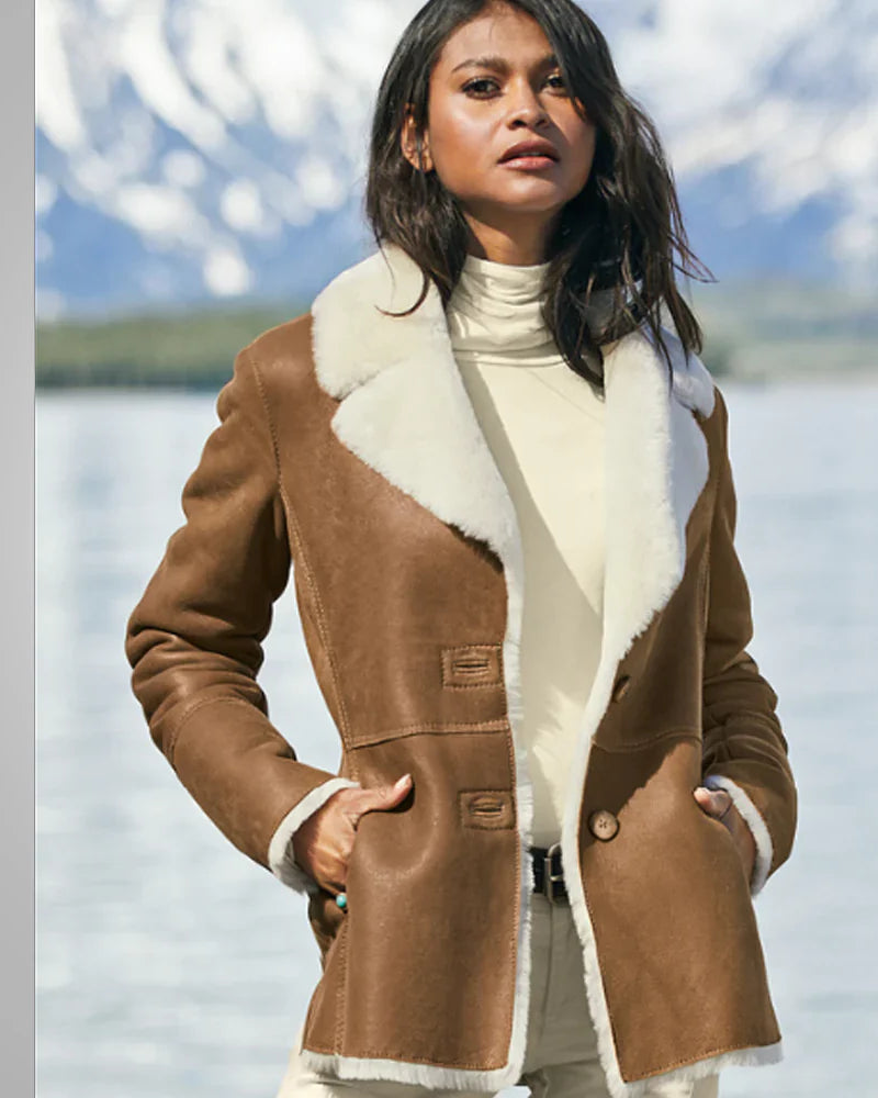 Women Camel Brown Faux Shearling Leather Aviator Jacket