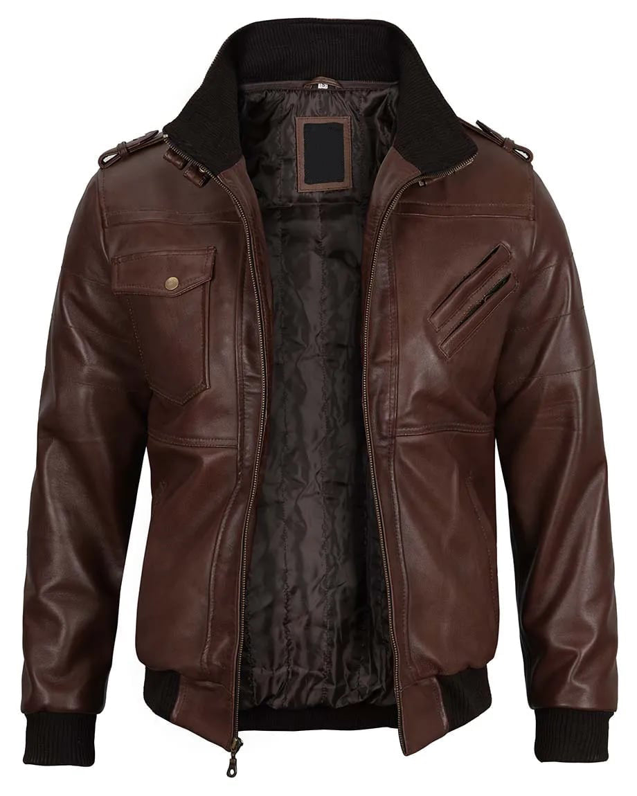 Mens Dark Brown Leather Bomber Jacket With Hood