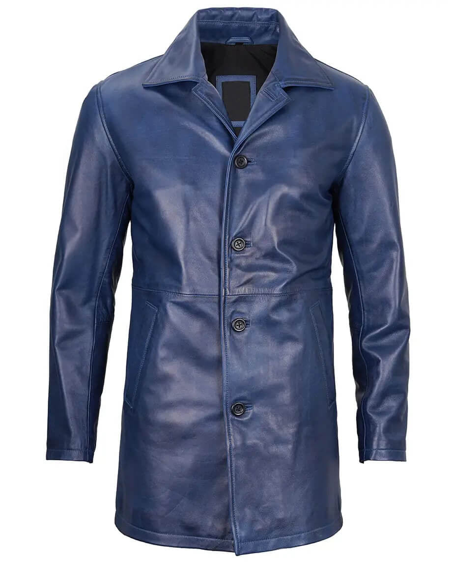 Mens Leather Blue Car Coat