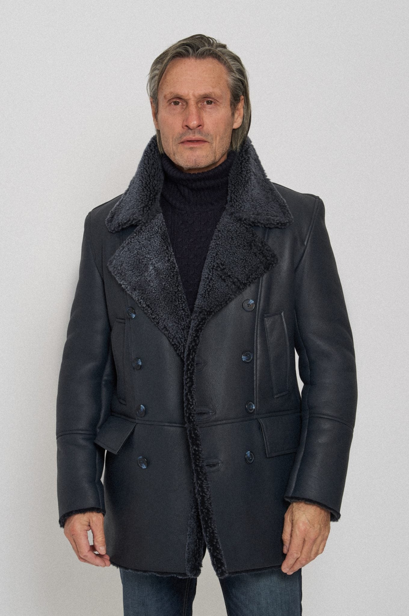 Men's Black Classic Faux Fur Style Leather Coat