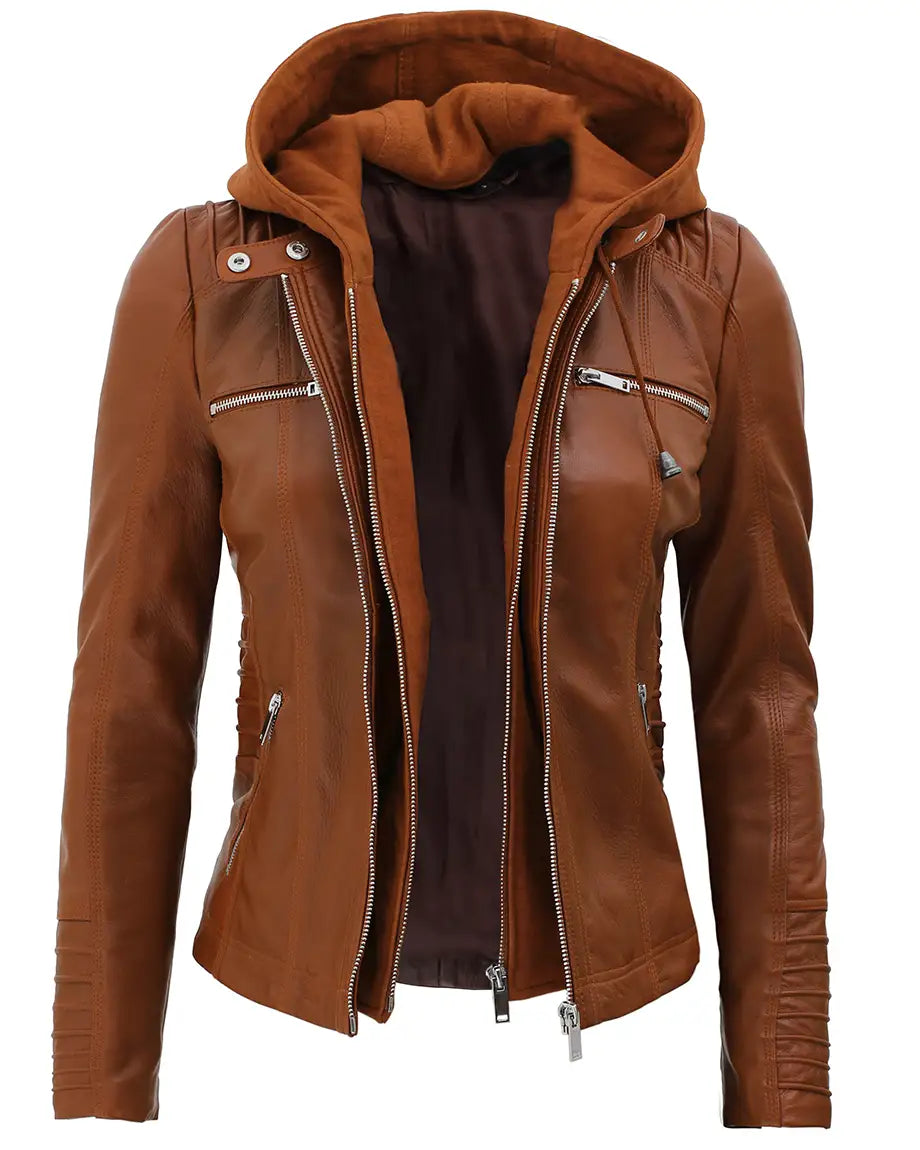 Women Brown Leather Jacket With Removable Hood