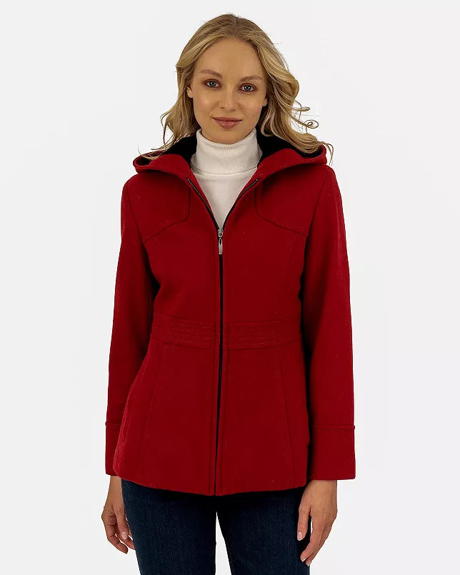 Women's Red  Wool Blend Hooded Zip Up Jacket