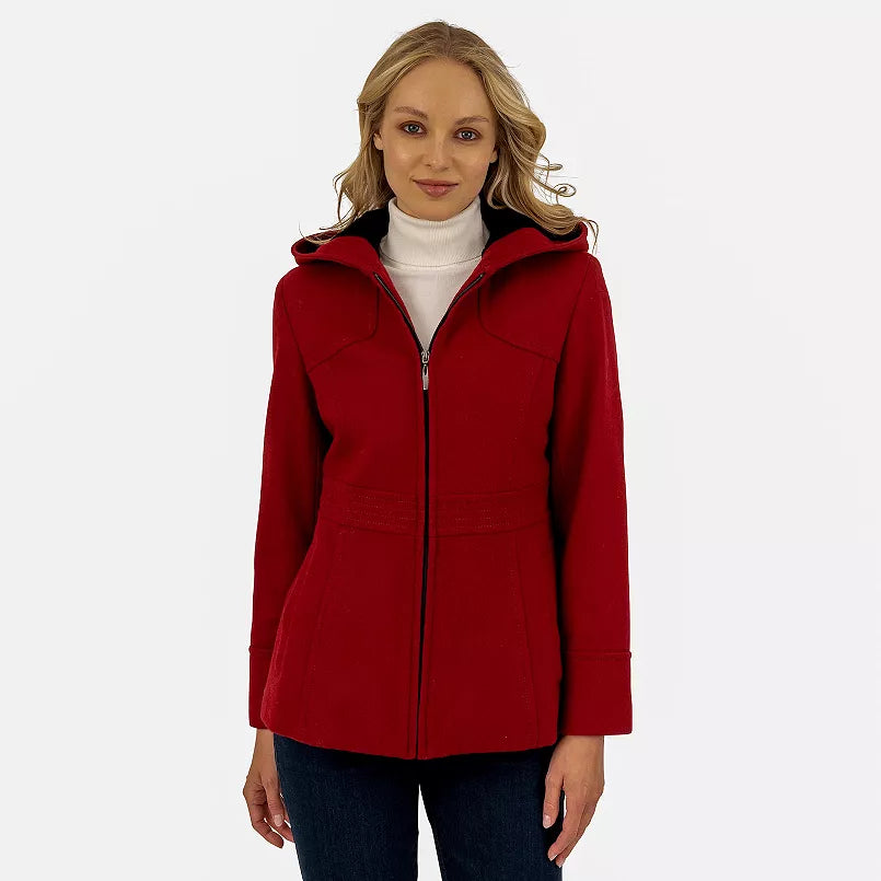 Women's Red  Wool Blend Hooded Zip Up Jacket