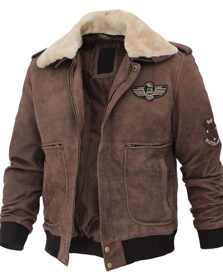 Men Brown Leather Bomber Aviator Shearling Jacket with Removable Collar