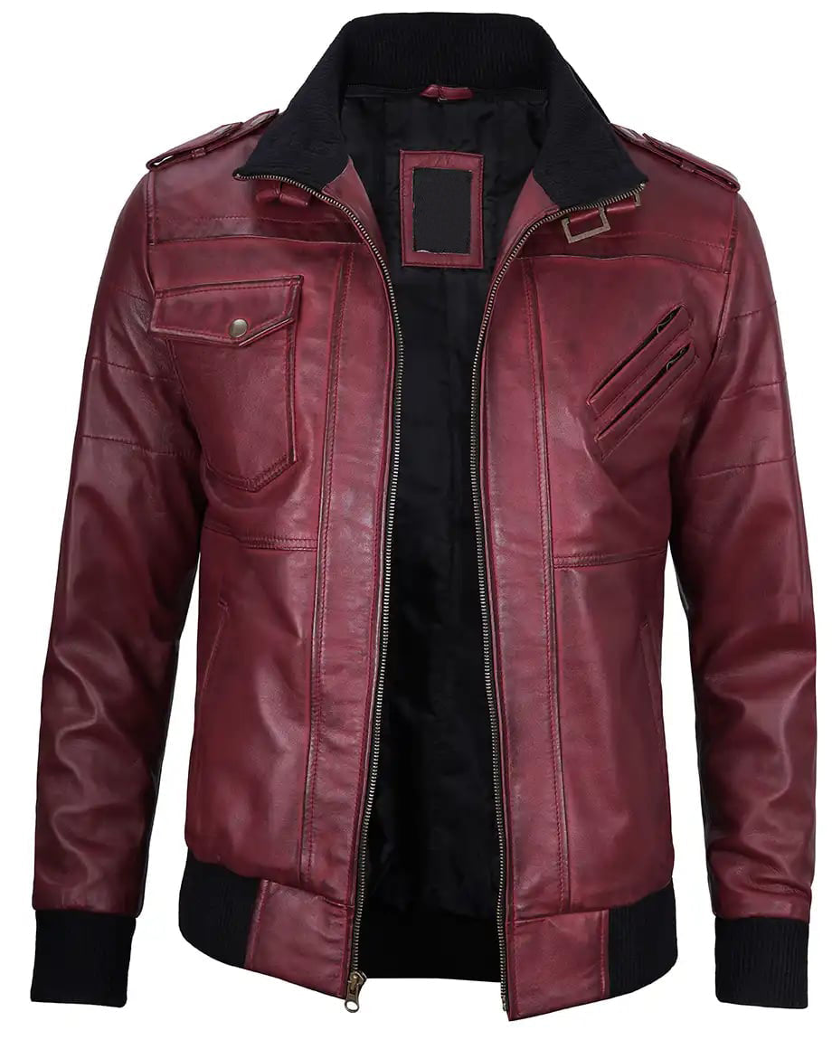 Mens Maroon Leather Jacket with Removable Hood