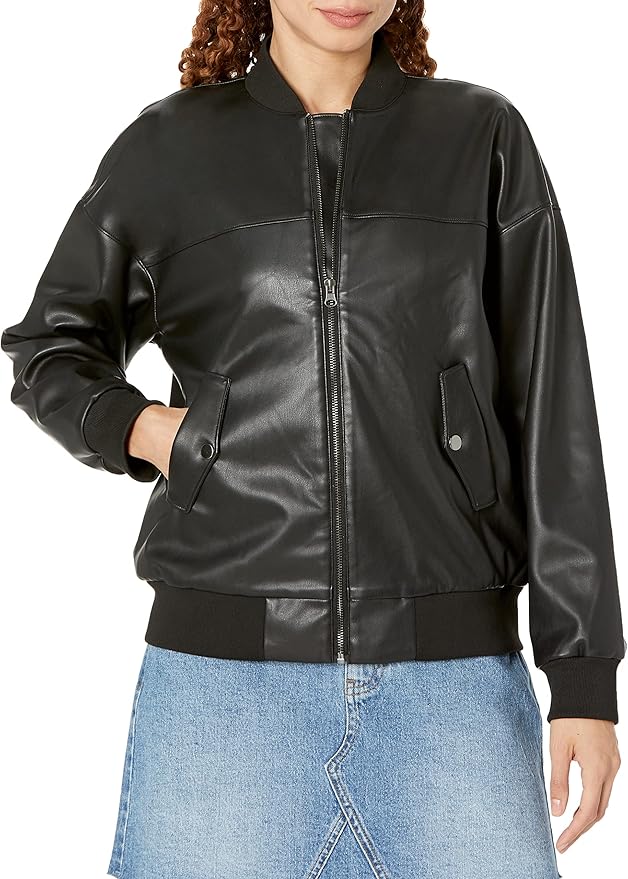 Women's Loose Fit Vegan Bomber Leather Jacket