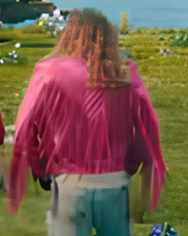 A Minecraft Movie 2025 Jason Momoa Pink Leather Fringe Jacket