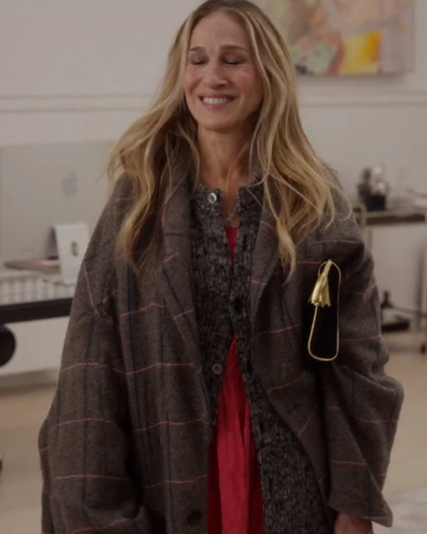 And Just Like S02 Carrie Bradshaw Grey Oversized Plaid Coat