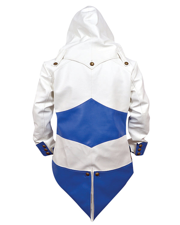 Assassins Creed White and Blue Hooded Leather Coat