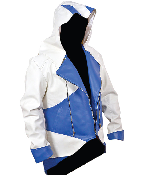 Assassins Creed White and Blue Hooded Leather Coat