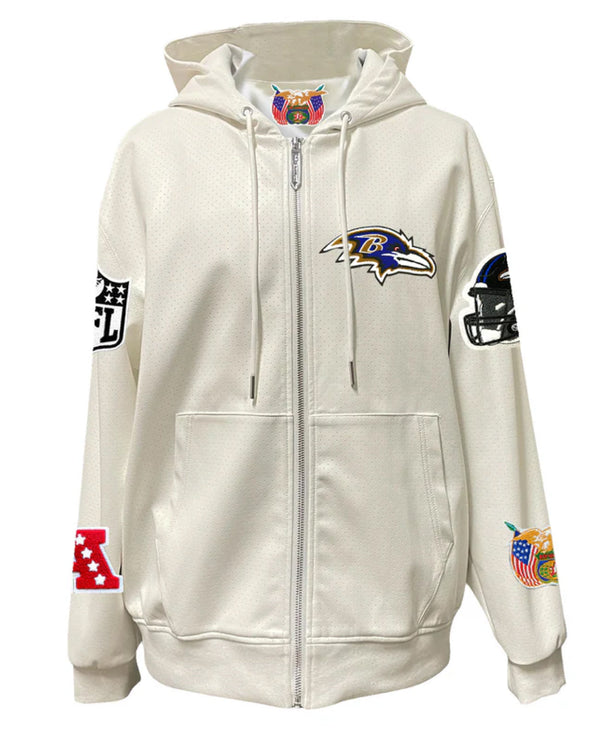 Baltimore Ravens Lightweight White Vegan Zip-up Hooded Jacket