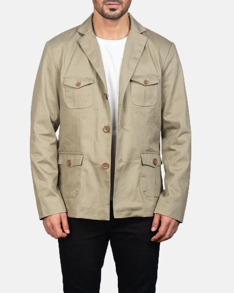 Men's beige leather blazer jacket featuring two convenient pockets, ideal for everyday wear.