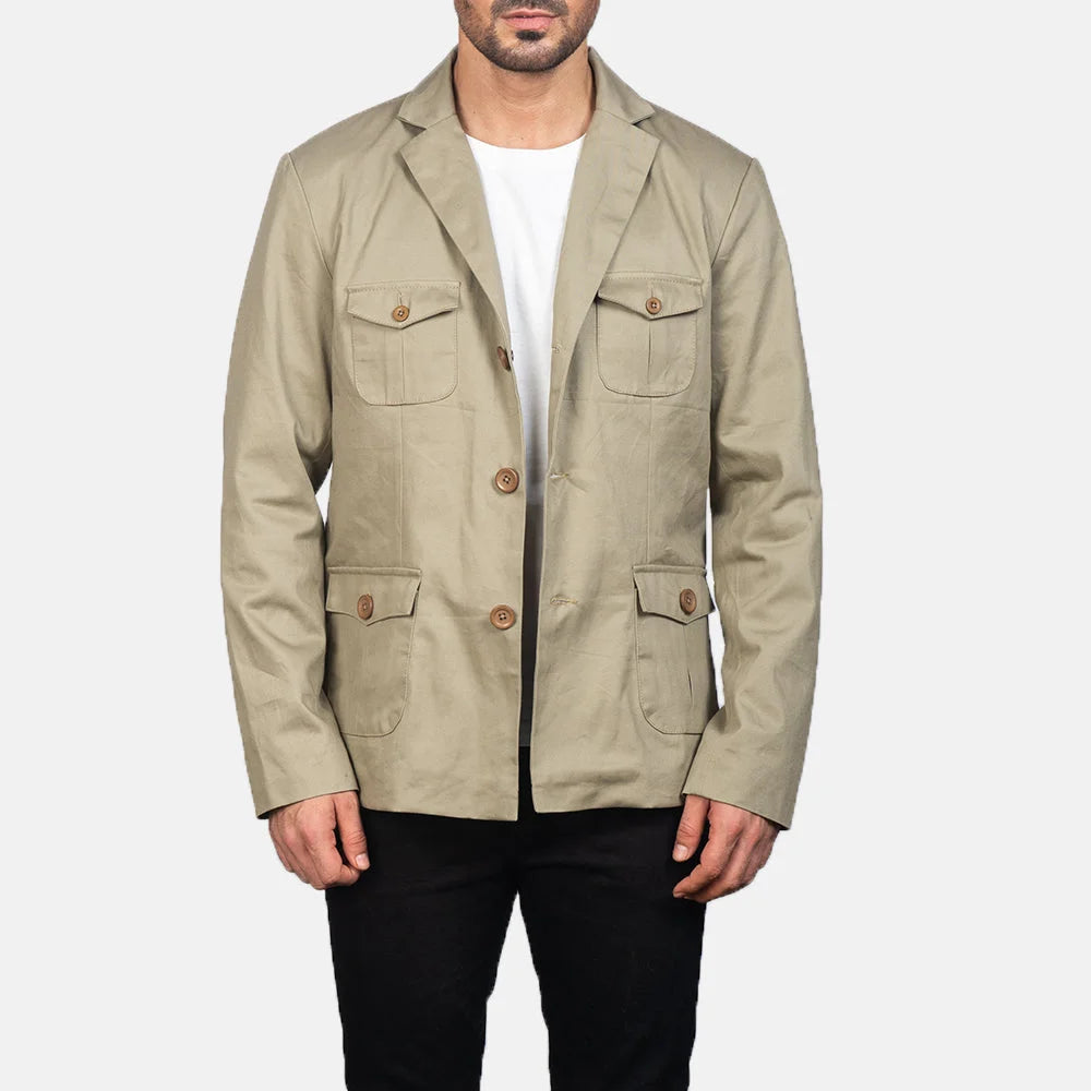 Men's beige leather blazer jacket featuring two convenient pockets, ideal for everyday wear.