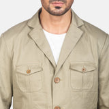 Men's beige leather blazer jacket featuring two convenient pockets, ideal for everyday wear.