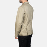 Men's beige leather blazer jacket featuring two convenient pockets, ideal for everyday wear.