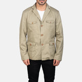 Men's beige leather blazer jacket featuring two convenient pockets, ideal for everyday wear.