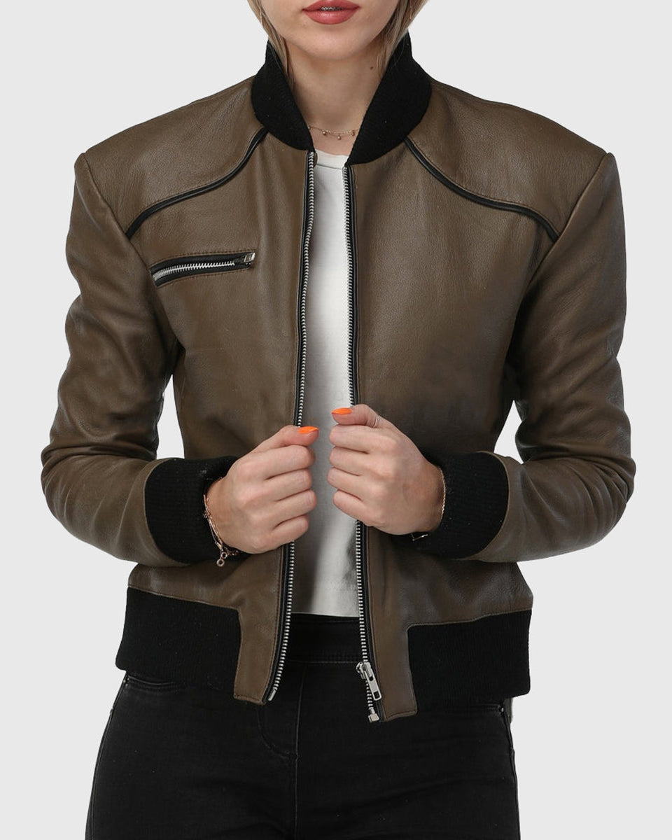 Ribbed Elegance Women Olive Bomber Leather Jacket