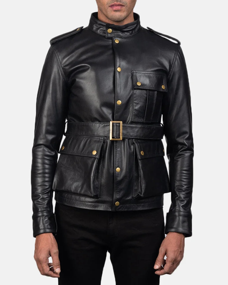 A stylish biker black leather jacket with a zipper and a collar, perfect for adding a touch of coolness to any outfit.