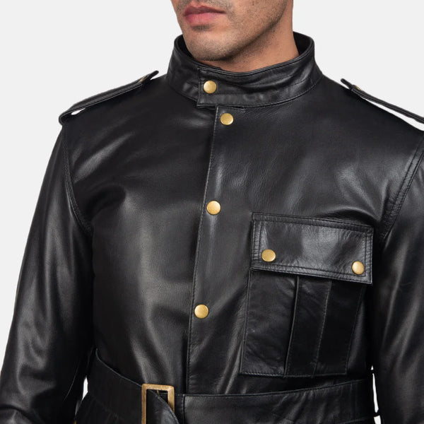 A stylish biker black leather jacket with a zipper and a collar, perfect for adding a touch of coolness to any outfit.