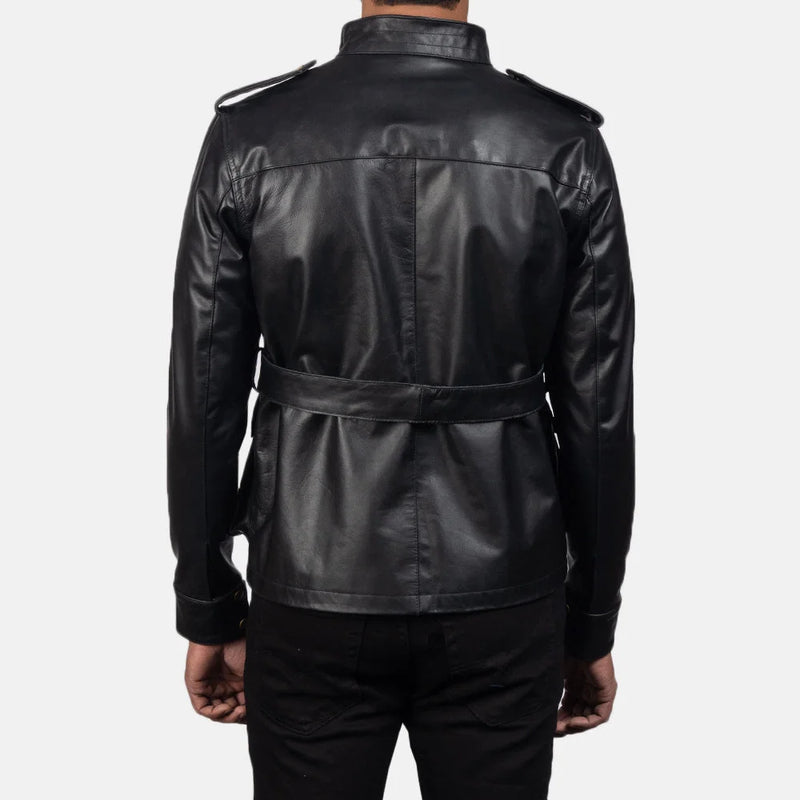 A stylish biker black leather jacket with a zipper and a collar, perfect for adding a touch of coolness to any outfit.