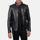 A stylish biker black leather jacket with a zipper and a collar, perfect for adding a touch of coolness to any outfit.