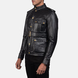 A stylish biker black leather jacket with a zipper and a collar, perfect for adding a touch of coolness to any outfit.