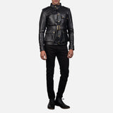 A stylish biker black leather jacket with a zipper and a collar, perfect for adding a touch of coolness to any outfit.