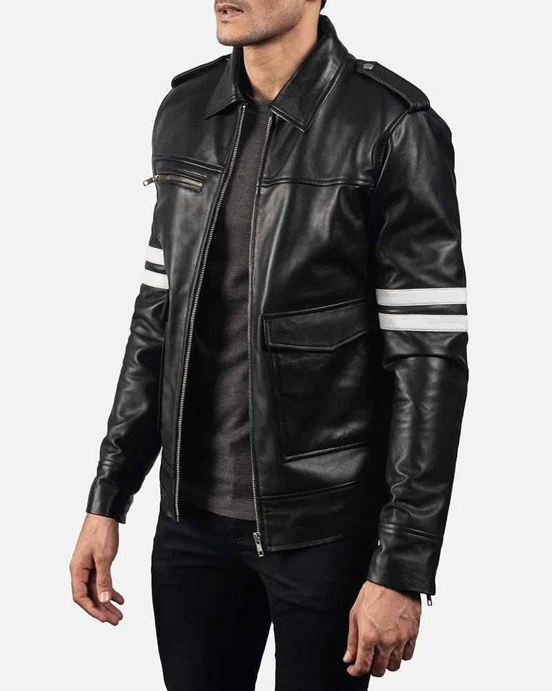 Stylish Biker black leather jacket with two sleek stripes on the sleeves.